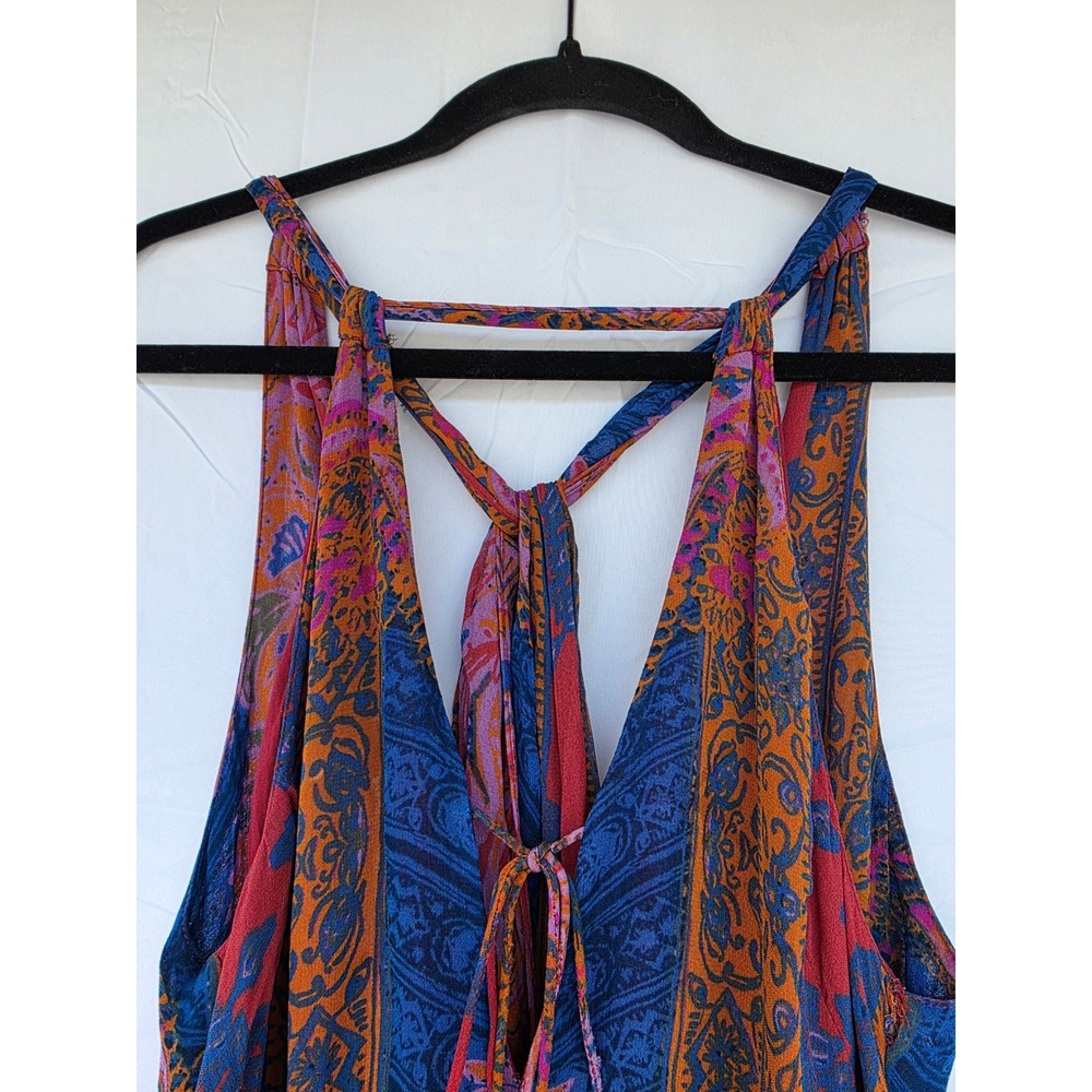 Free People Red Blue Paisley Boho Maxi Dress Size 4 Tassel Tie Back Strappy - Picture 3 of 11